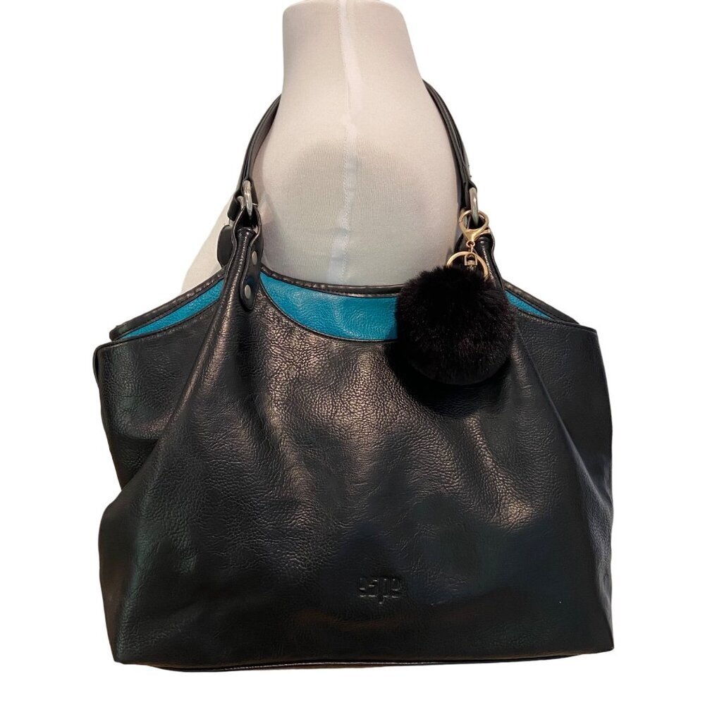 Espe Black Vegan Leather Purse Tote Bag pouch With Pom-Pom Floral Interior boho